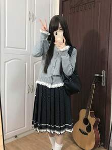 Cardigan Rajut Renda Lembut Gaya Korea yang Imut dengan Leher Bulat - Grey - View 7