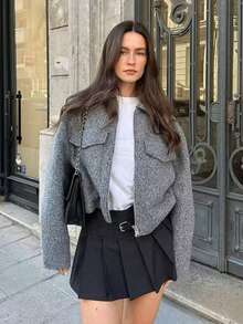 Casual Lapel Zip-Up Short Wool Blend Jacket - Grey - View 7