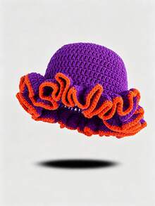 Contrast Color Knit Large Ruffle Edge Versatile Handmade Crochet Hat (Random Hat Color) - Multicolor - View 30