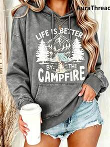 Suéter gráfico para mujer Camp Life Is Better By The n diseño de montaña y pino, suéter cálido de cuello redondo para otoño e invierno, elasticidad media, suéter casual lavable a máquina - Gris 2 - Ver 2