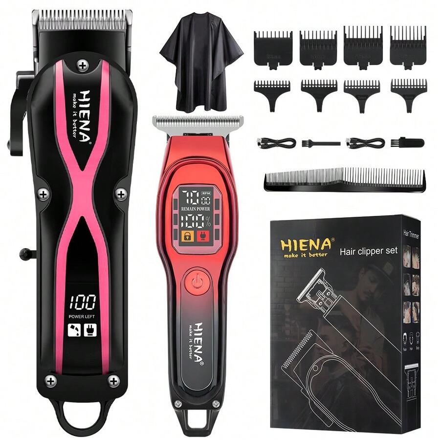 HIENA Juego de 2 piezas de cortadora de pelo profesional, juego de recortadora inalámbrica en forma de X en negro dorado & negro rosa, pantalla digital LED de batería, carga rápida Tipo-C, cuchillas de acero al carbono afiladas, 8 peines limitadores & juego completo de accesorios de capa de barbero, larga duración de batería para salón y hogar, corte de pelo degradado