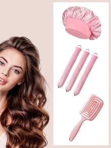 5/1pc Set Black And Pink 2-Color Optional Heatless Curling Set, Satin Sleep Cap, Soft Sponge Heatless Curling Rod And Vent Exfoliating Brush Kit, Women's Overnight Damage-Free Wavy Styling Tool, Gentle Soft Grip Slouchy Curling Device For Medium To Long Hair, DIY Salon Home Hair Styling Accessory Gift Set - Multicolor - View 9