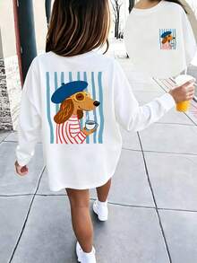 Girls White Round Neck Long Sleeve T-Shirt, Cute French Dachshund Coffee Cartoon Back Print, Loose Casual Autumn Top, Suitable For Teenage Girls - White - View 9