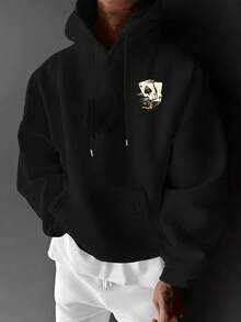 Men's Autumn/Winter Casual Versatile Fashion Minimalist Poker Dice Print Kangaroo Pocket Drawstring Hoodie - Black - View 6