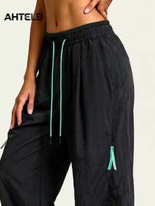 AHTELB Women's Summer Contrast Color Drawstring Wide Leg Cargo Pants, Multi-Pocket Design With Elastic Waistband And Drawstring Sports - Black - View 3