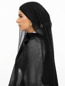 2pcs/Set Hijab Cap & Syal Chiffon Ringan, Aksesoris Abaya untuk Pakaian Berkerudung Sehari-hari Wanita - Hitam - View 3
