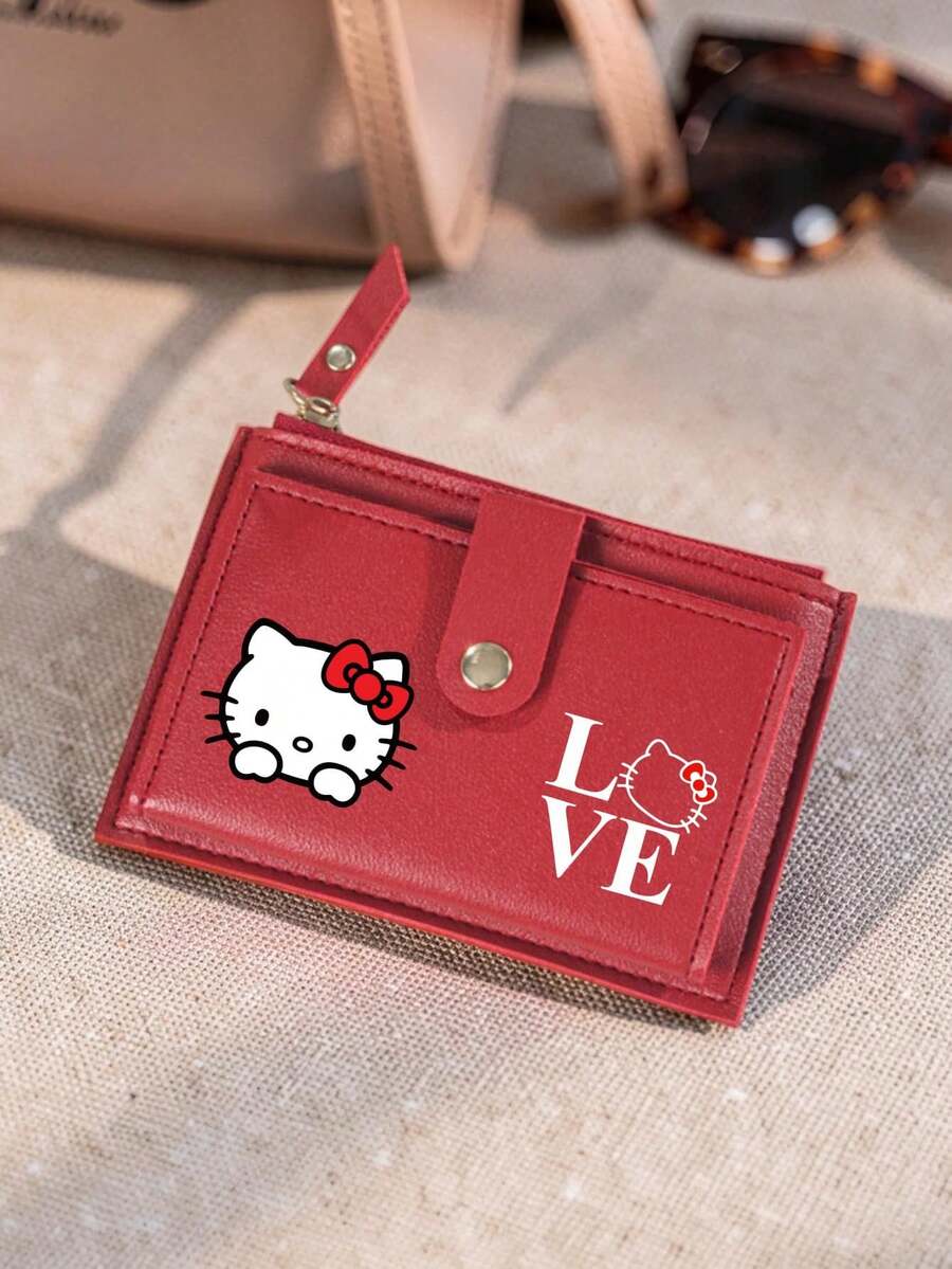 SANRIO 1個 Hello Kitty 女款短夾,人造皮革多卡槽壓扣式,LOVE 印花薄款零錢包,適合日常使用與旅行 - 彩色 - 查看 1