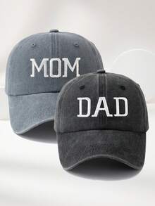 2件組「Dad & Mom」印花棒球帽，復古水洗尖頂帽，中性可調節輕量防曬帽，度假禮物，父母理想選擇，卡車司機帽女款棒球帽女帽寬邊帽 - A - 查看 9