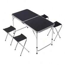 Set Mesa Plegable Portafolio 120cm con 4 Bancos Color Negro Estructura Acero y Plástico para Jardín Exterior Camping Picnic - Negro1 - Ver 4