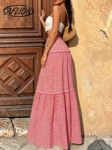Aflion 女款紅白格紋綁腰高腰長裙，荷葉邊裙襬，浪漫鄉村風，適合夏季休閒、約會、度假、野餐、音樂節穿著 - 紅白色 - 查看 2