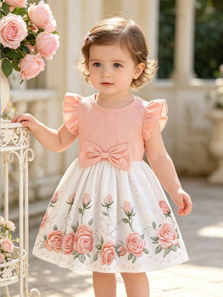 Baby Girls' Summer Cap Sleeve Printed Patchwork Dress, Toddler Casual Bow Tie Vacation Versatile Dress - Pink - View 1