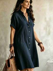 Plus Size Women's Casual Button-Up Mid-Length Shirt Dress, Collared Short Sleeve Elegant - Navy Blue - View 5