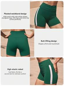 Women's Colorblock Tummy Control Ruched High Waist Butt Lifting Sports Shorts With Side Stripes - Green - View 3