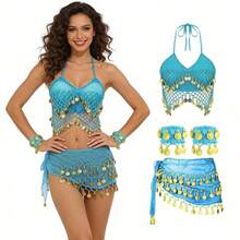 Exotic Themed Party Dangling Coin Sequin Bra Top With Fringe Hip Scarf And Cuffs For Costume Cosplay And Festival Parade - Multicolor - View 14
