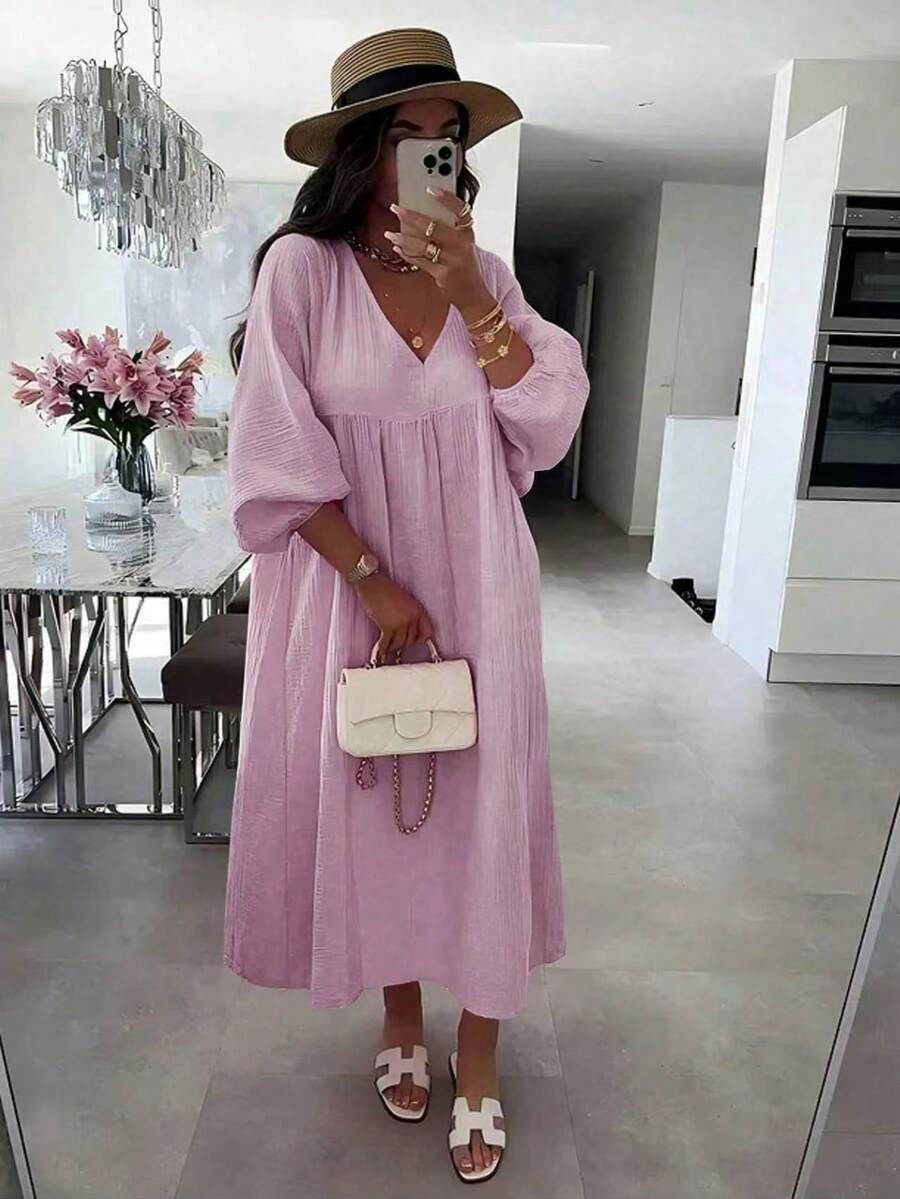 Women's Loose Solid Color Patchwork Ruffle Party Dress, Elegant Casual Vacation Style For Spring And Summer - Mauve Purple - View 1