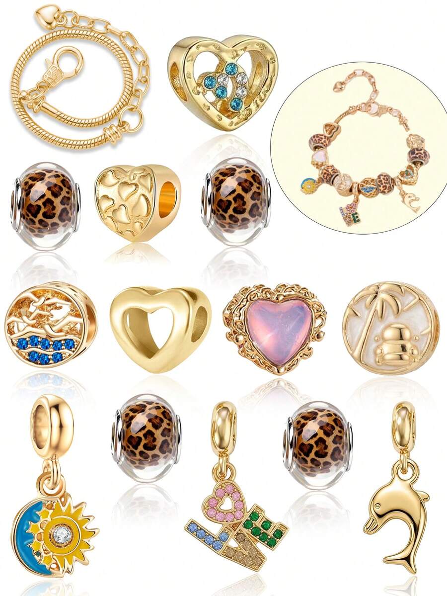 1set Women's Golden Heart, Dolphin, Sun Moon, Leopard Charm Pendant Accessories Set - Multicolor - View 1