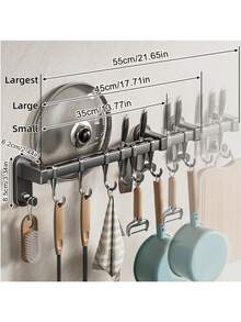 Wall-Mounted Kitchen Storage Rack With Hooks, No Drilling Adhesive Or Screws Required, Self-Adhesive Pot Rack For Tile Wall, Small Kitchen Pot Rack Organizer, Space-Saving Kitchen Wall-Mounted Pot Lid And Utensil Storage Rack, Suitable For Kitchen, Bathroom, Bedroom, For Hanging Wet Towels And Robes - Multicolor - View 10