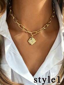 1pc Luxury Oval Necklace With Zodiac Sign Pendant And Key Pendant, High-End Vintage Style, Perfect As A Beautiful Holiday Gift For Women - Gold - View 16