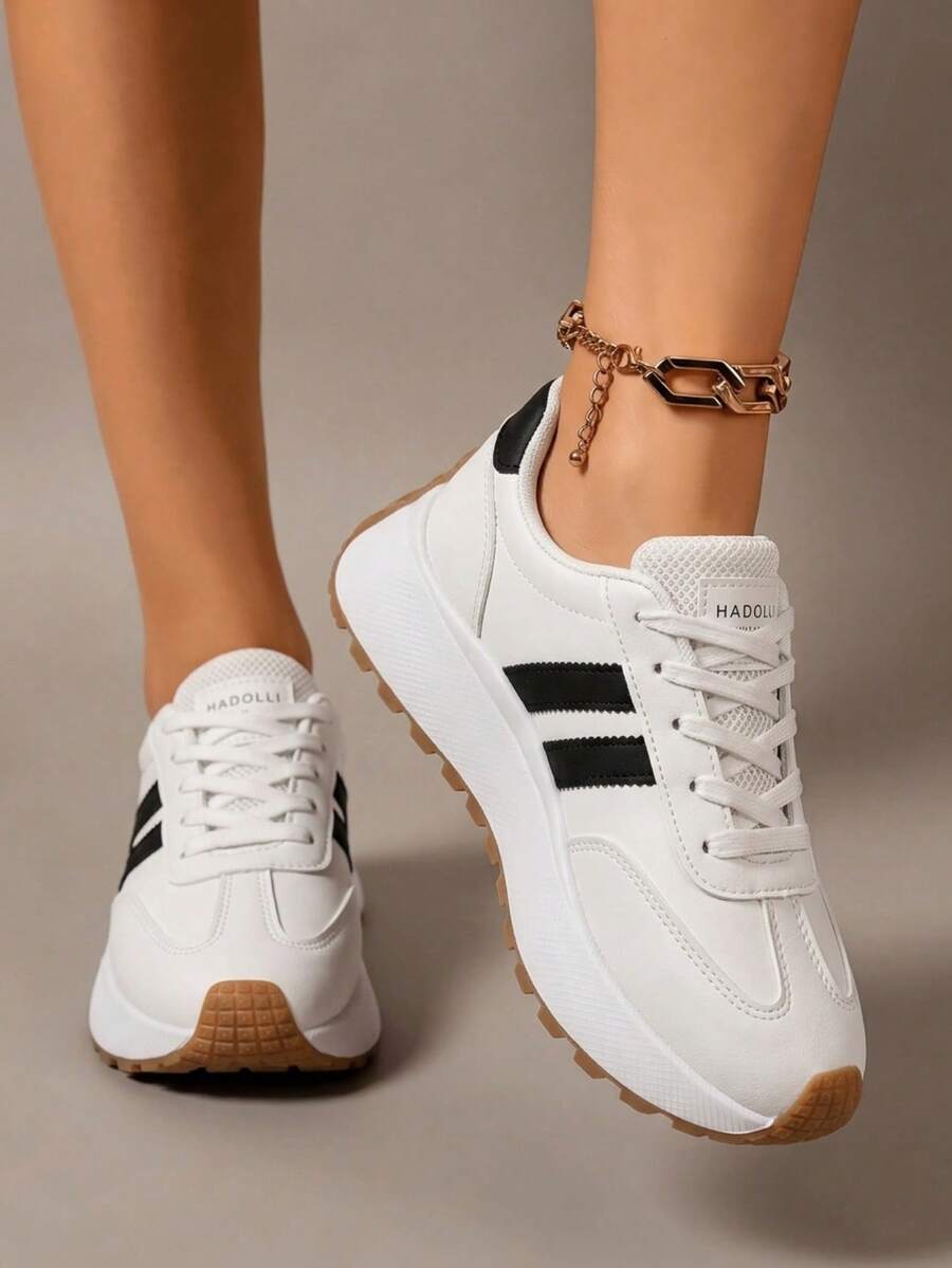 Women's White Casual Sneakers, Low-Top, Lightweight, Non-Slip, Wear-Resistant, Low Heel, Round Toe, Breathable, Lace-Up, Suitable For Outdoor Sports, - 米色 - 查看 1