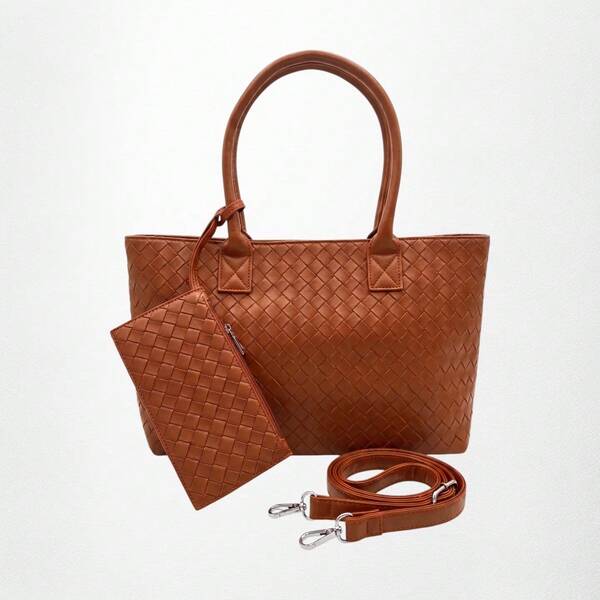 Kit Bolsa Feminina Tote Trançada Grande com Carteira e Alça Transversal Removível Moda Trabalho Dia a Dia
