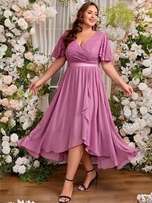 Plus Size Women's V-Neck Lace Chiffon High-Low Bridesmaid Dress, Elegant Wedding Guest Cocktail Party Dress With Shiny Ruffle Hem - Mauve Purple - View 11