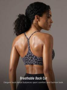 Soyun New Leopard Print Detachable Padded Camisole Bra Top, Fishbone Back Design Open Back Sports Style Summer - Grey - View 4