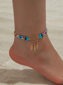 1pc Vintage Fashion Creative Bohemian Ocean Style Seed Bead Dreamcatcher Leaf Tassel Pendant Anklet For Women, Suitable For Daily Casual, Outings, Banquets, Music Festivals, Parties, Beach Vacations - Multicolor - View 2