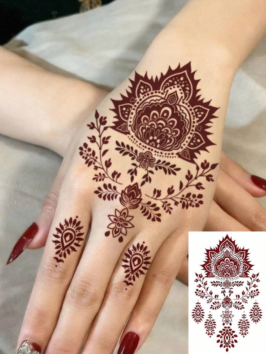 1 Sheet Burgundy Henna Mandala Floral Wrist Temporary Tattoo Sticker, Waterproof Long-Lasting Exotic Fake Tattoo, Body Art Decal For Palm Knuckle Forearm Ankle Wedding Occasions - Red - View 1