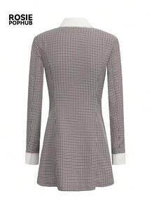ROSIE POPHUB Women's Plaid Elegant Mini Dress, Fake Two-Piece Side Button Slim Preppy Skirt Dress For Back To School, Teacher Commute Fall & Winter - Grey - View 8