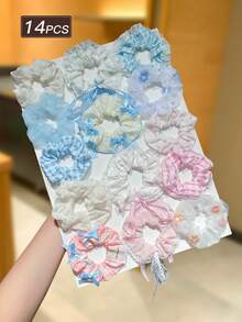 14/7pcs Women's Floral Print Lace Trim Scrunchies, Pink Hair Ties, Blue Hair Ties, Bow Ribbon Hair Ties, High Elasticity, Sweet And Cute Style, Suitable For Daily Hairstyles, Women's Hair Accessories. Perfect For Casual Wear, Shopping, Campus, Dating, Party, Travel And Vacation. Great For Photo Atmosphere. - Multicolor - View 14