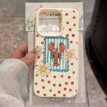 1pc TPU Material Retro Red Polka Dot Lobster & Daisy Pattern Phone Case Compatible With IPhone 17 Pro Max/17/16 Pro Max/15/13/12/11/ S20 FE/A15/S24/A55/ Note 11/Note 12/Note 13 Pro Full Coverage Anti-Drop Soft Shell Protective Cover - White - View 2