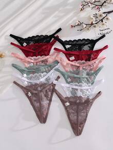 12件裝性感女款低腰舒適透氣蕾絲丁字褲 XS - 彩色 - 查看 2