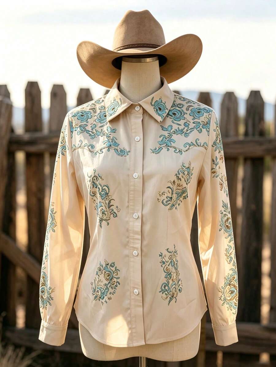 Women's Western Bohemian Print Long Sleeve Summer Shirt, Front Button Design, Non-Stretch Woven Fabric, Fashion Autumn Blouse Top