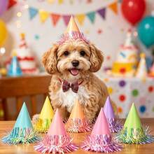 6pcs Random Color Pet Birthday Party Paper Hats, Creative Sequin Tassel Decor Cone Hats, Suitable For All Breeds Of Dogs And Cats, Shiny Metallic Tinsel Fringe Pet Photo Props, Holiday Birthday Party Decoration Supplies - Multicolor - View 2