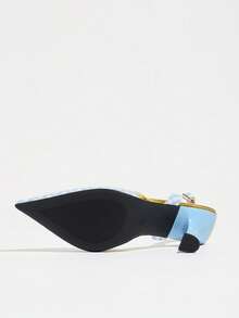Women's Classic Checkerboard Colorblock Pointed Toe High Heel Shoes With Fashion Back Strap Open Heel, Elegant Women's Sandals, Women's Elegant Kitten Heel Shoes, Summer Dress Outfit Party Evening Shoes, Autumn/Winter Dual-Color High Heels, Autumn Women's Shoes, Blue High Heels, Women's Formal Shoes, Fashion Women's High Heels/Blue Sandals - Light Blue - View 8