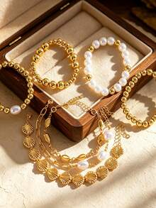 Juego de 7 piezas de pulseras de estilo vintage elegante y casual con perlas, concha y CCB dorado, adecuado para el uso diario de la mujer, ir al trabajo, vacaciones, citas y como regalo - Dorado - Ver 5
