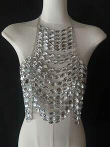 Sparkly Clear Crystal Halter Body Chain Top, Shiny Sequins Beaded Chest Harness Crop Top, Rave Festival Club Night Out Statement Body Jewelry For Women - Silver - View 5