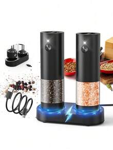 頂級 2 件組充電式電動鹽與胡椒研磨器套組，附充電底座，140ml 透明料倉，粗細可調，LED 燈，陶瓷研磨芯，頂部補料，節日入厝廚房禮物 - 彩色 - 查看 10