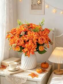 1/3pcs Artificial Dahlia & Rose Bouquet, Suitable For Bedroom, Kitchen Decoration, DIY Flower Bed, Autumn Decor, Indoor & Outdoor Decoration, Dining Table Decor, Wedding Decoration, Artificial Plants, Teacher Gift, Women's Gift - Orange - View 6