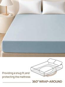 1pc Solid Color 25cm Deep Pocket Fitted Sheet, Soft Breathable Mattress Protector, Suitable For All Bed Sizes, Dorm Home Bedding Decor - Dusty Blue - View 5