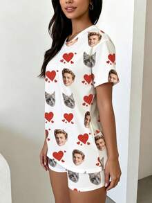 1pc Women Custom Photo Lips Print Soft Loose Short Pajama Set Casual Valentine Loungewear - White - View 3