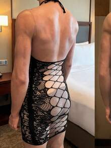 Men's Sexy Fishnet Knit Stretch Nightgown, Bodycon Hollow Out Sheer Lingerie - Black - View 3