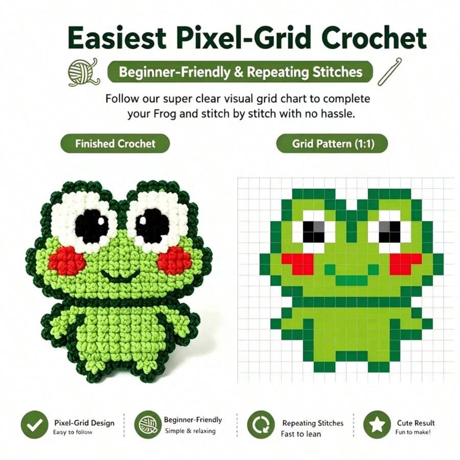 [DIY Pixel Bead Crochet Kit]Pixel Healing Frog Crochet Kit, Suitable For Adult Beginners Handmade Semi-Finished Product Set. Includes Full Set Of Tools (Random Color Accessories) And English Guide. No Bead Template Needed. Crochet Out Pixel Style, Can Make Keychains, Pendants - DIY Crochet Kit - View 1