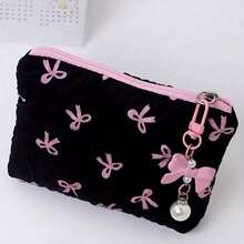 Cute Bow & Heart Pattern Wrist Makeup Bag, Large Capacity Cosmetic Storage Travel Makeup Bag, Elegant Gold Hardware (Black/White/Pink), Perfect Gift - Multicolor - View 5
