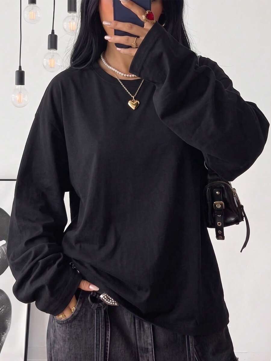 Women's Crew Neck Long Sleeve Regular Fit Loose T-Shirt, Fashionable Versatile Casual Spring/Autumn New Top - Black - View 1