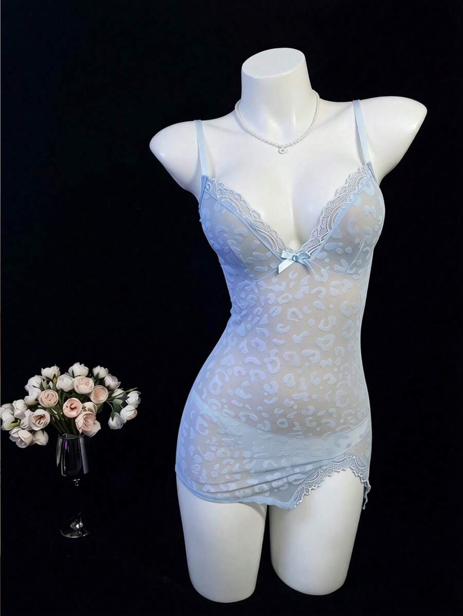Women's Leopard Print Contrast Lace Side Slit Hem Sexy Camisole Lingerie Dress For Role Play - Baby Blue - View 1
