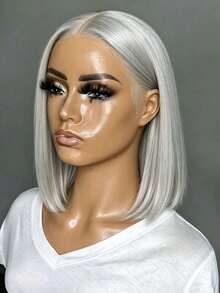 Silver Grey 200 Density Short Straight Lace Front Wigs Human Hair Glueless Human Hair Wig Brazilian Virgin Silver Gray Colored 13x4 HD Transparent Natural Straight Bob Lace Frontal Wig Pre Plucked Bleached Knots - Grey - View 3