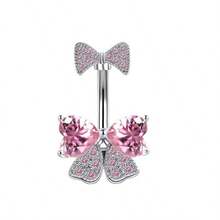 1pc Sweet Pink Heart Bow Belly Piercing Stud, Full Zirconia Stainless Steel Navel Piercing Jewelry, Girly Hot Girl Piercing Accessory - Pink - View 3