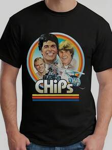 Retro 80-tals TV-T-shirt för män - 80-tals popkultur-T-shirt med tryck av karaktärer och logotyper, svart design med rund hals, lämplig för temafester och vardagsbruk - Slitst - Svart - Visa 1