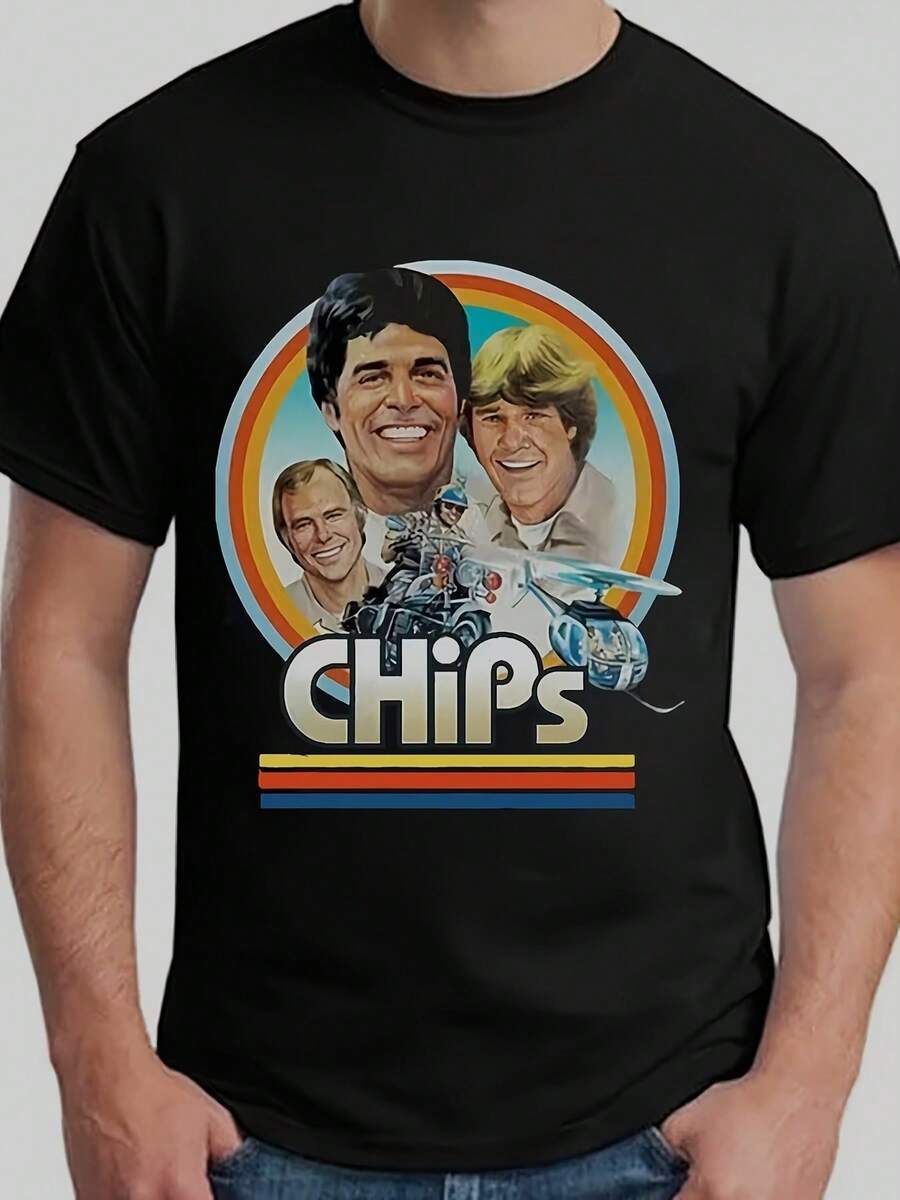 Retro 80-tals TV-T-shirt för män - 80-tals popkultur-T-shirt med tryck av karaktärer och logotyper, svart design med rund hals, lämplig för temafester och vardagsbruk - Slitst - Svart - Visa 1